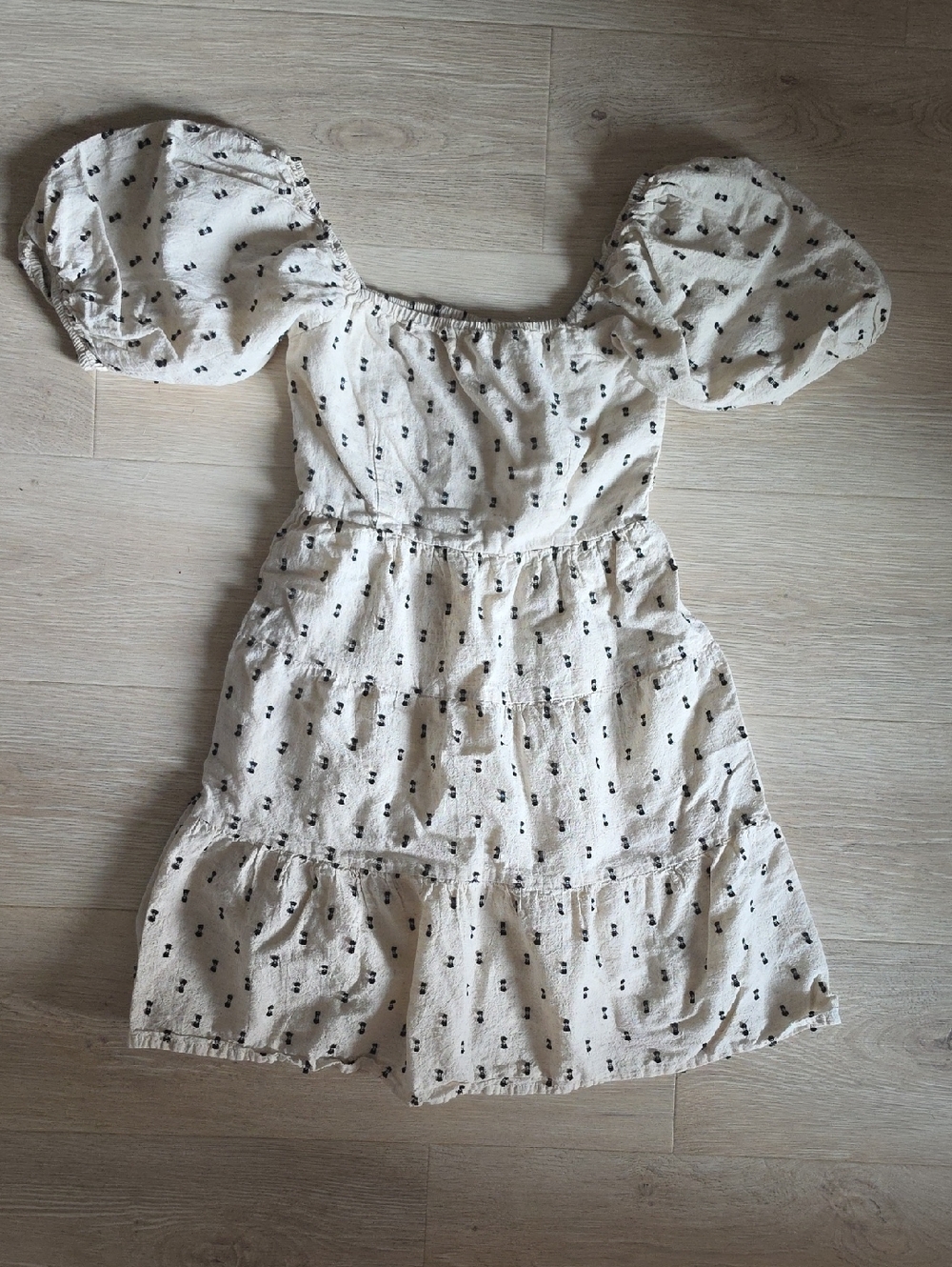 Sim & Sam Cream Puff Sleeve Tiered Sundress with Black Dot Embroidery